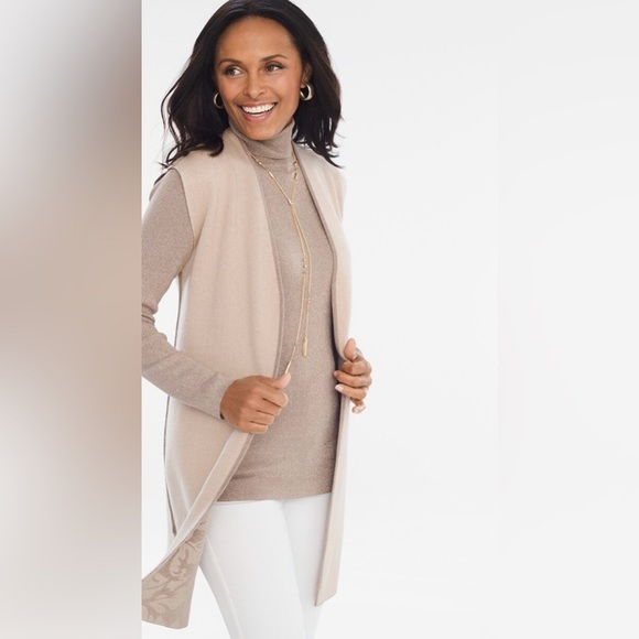 CHICO’S Taupe with silver paisley print sleeveless reversible duster size S - Picture 3 of 14